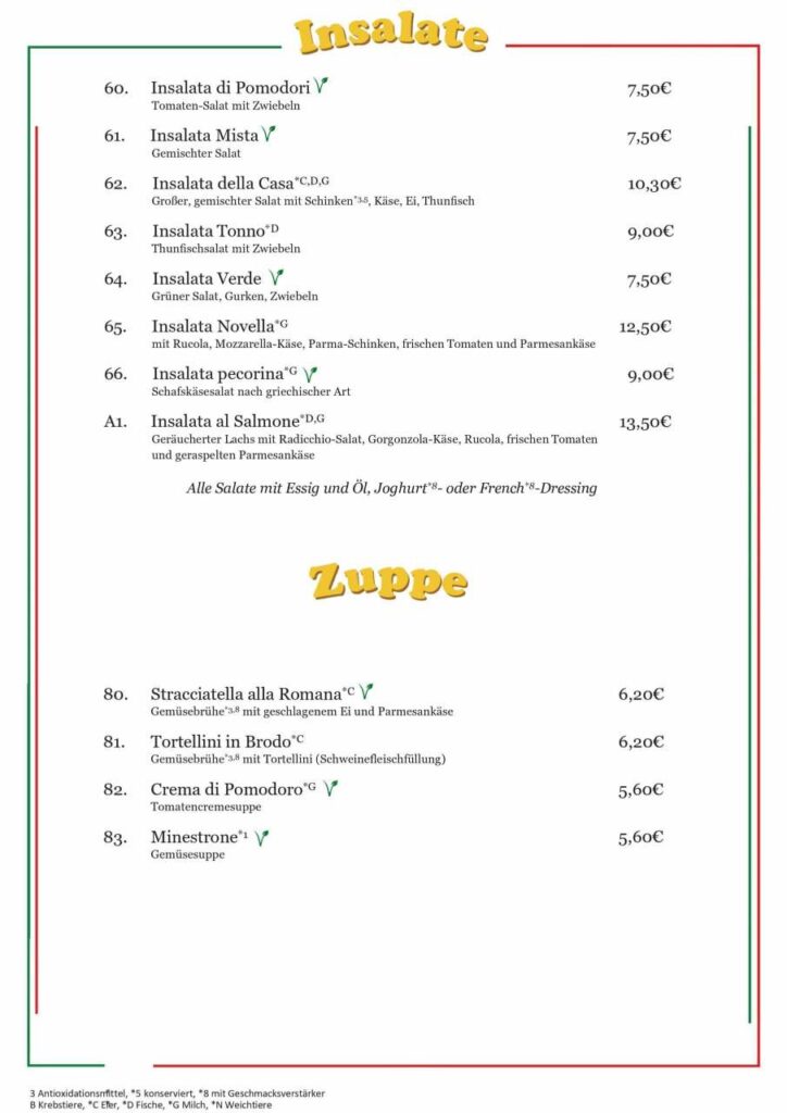 Speisekarte Pasta und Pizza Nordstadt Hannover